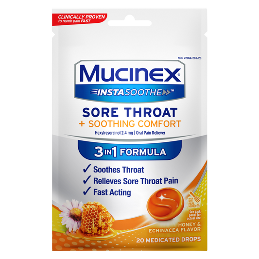 Mucinex InstaSoothe Sore Throat + Soothing Comfort Honey & Echinacea Medicated Drops 20ct